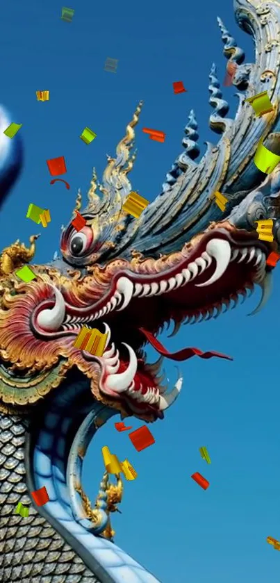 Intricate dragon design against a vivid blue sky with colorful accents.