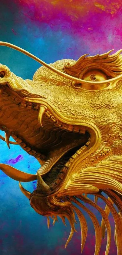 Golden dragon head with vibrant blue background, perfect for phone wallpaper.