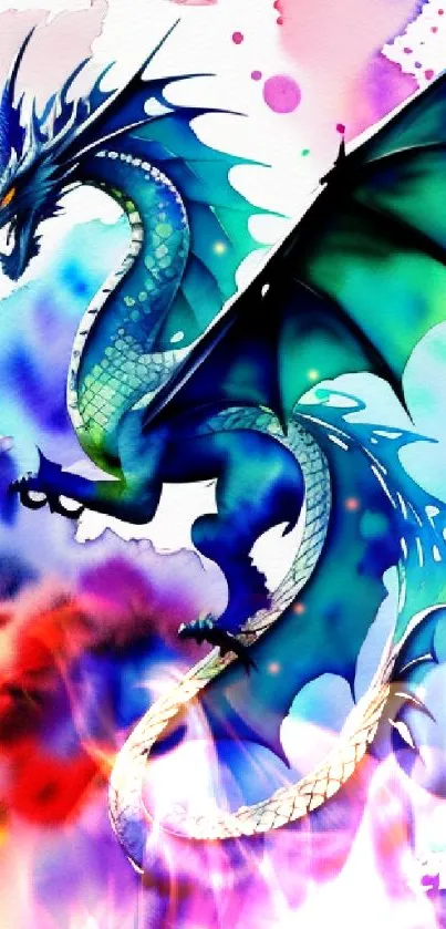 Vibrant dragon art with blue and green hues on colorful abstract background.