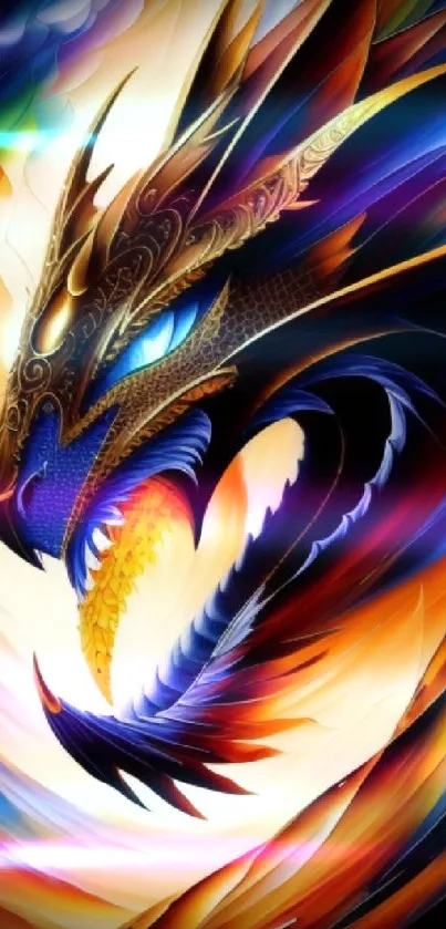 Vibrant abstract dragon art with blue and orange hues.