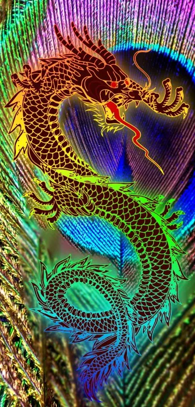 Vibrant dragon on peacock feather background with colorful patterns.