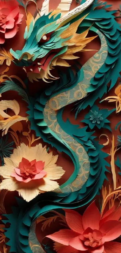 Vibrant teal dragon with floral design on mobile wallpaper.