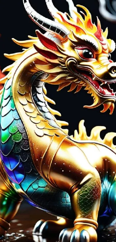 Colorful dragon art with gold and rainbow scales, fiery details.