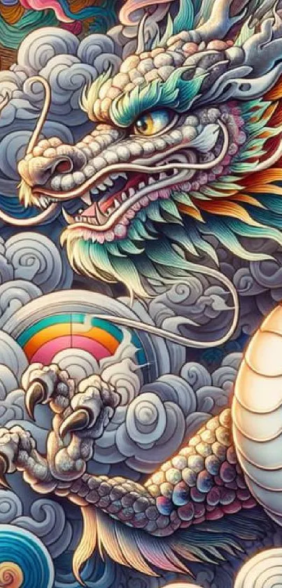 Vibrant dragon art with swirling clouds
