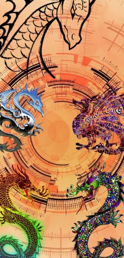 Vibrant digital art wallpaper with colorful dragons.