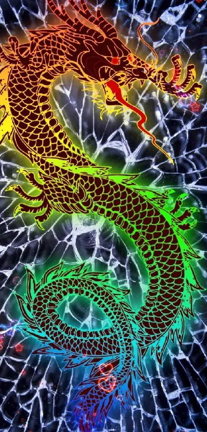 Vibrant dragon on cracked dark background in rainbow colors.