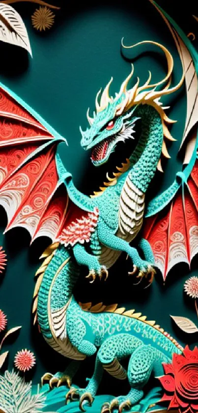 Intricate teal dragon design with red wings set against a decorative background.