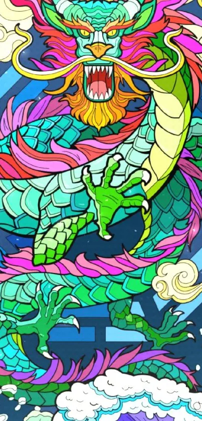 Vibrant dragon artwork with rainbow colors and mythical design on a dynamic background.