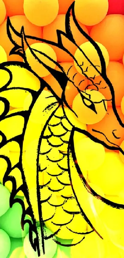 Vibrant dragon sketch on colorful ball background.