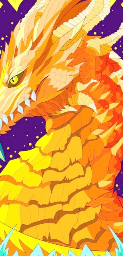 Vibrant orange dragon with colorful background.