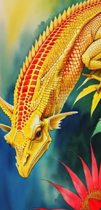 Colorful dragon illustration with vibrant reds and yellows.