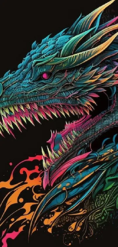 Vibrant dragon illustration with fiery colors on a dark background.