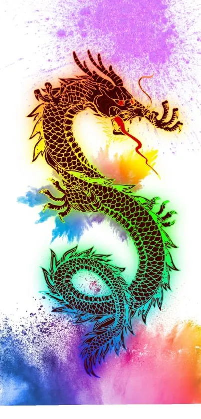 Colorful, abstract dragon artwork on a mobile wallpaper with splashes of color.