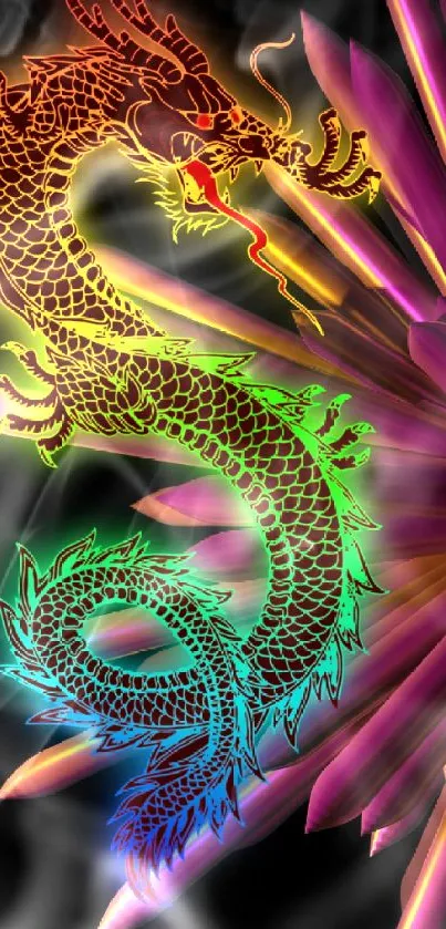 Vibrant dragon with rainbow colors on abstract black background.