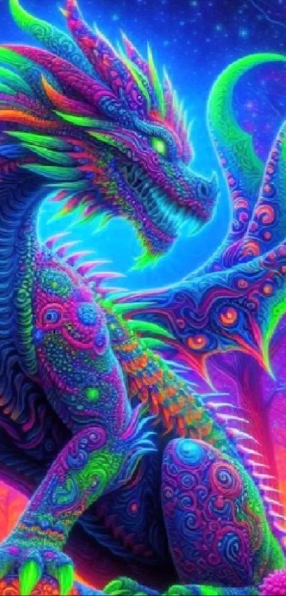 Vibrant neon dragon artwork with intricate details.