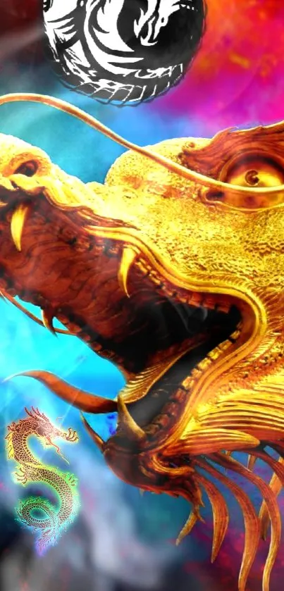 Stunning golden dragon on a vibrant backdrop of red and blue hues.