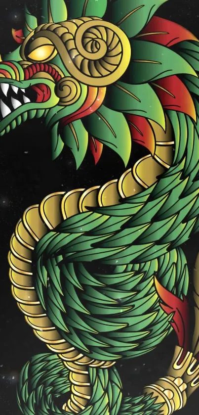 Intricate vibrant dragon wallpaper with green scales and golden accents.