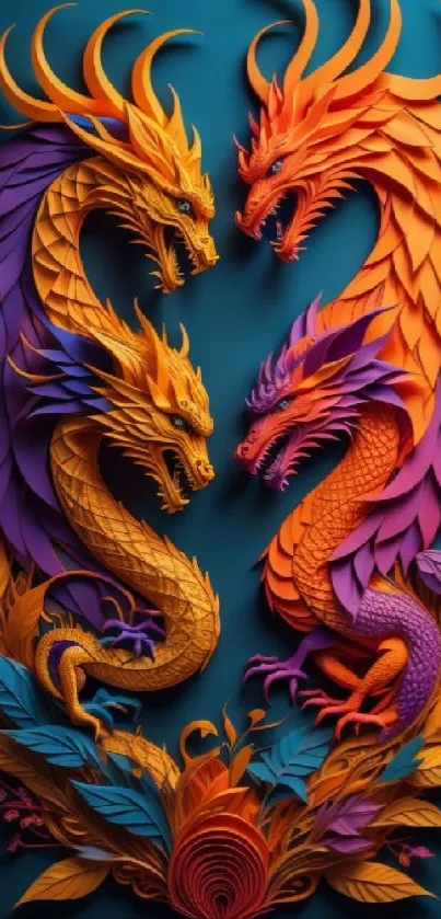 Vibrant artwork featuring colorful dragons and intricate details on a mobile wallpaper.