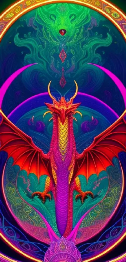 Vibrant dragon artwork with intricate fractal designs and bold colors.