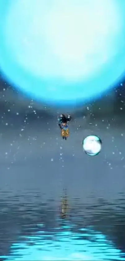 Dragon Ball character with vibrant blue energy in a dynamic anime scene.