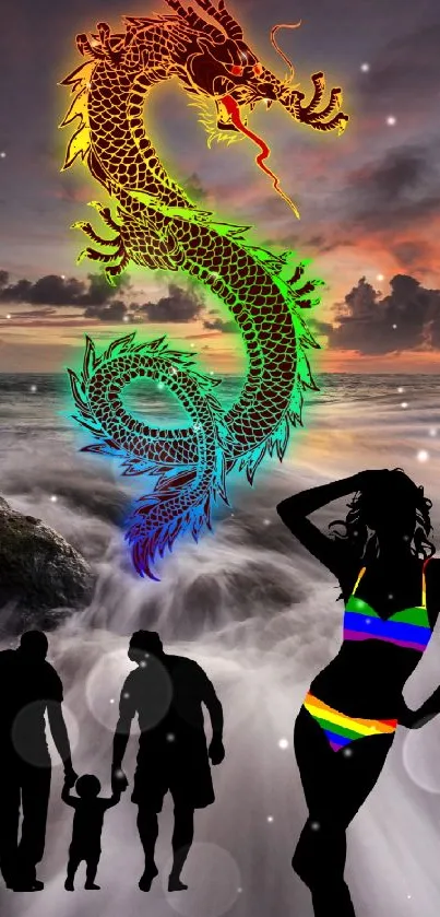 Rainbow dragon over ocean waves and silhouettes at sunset.