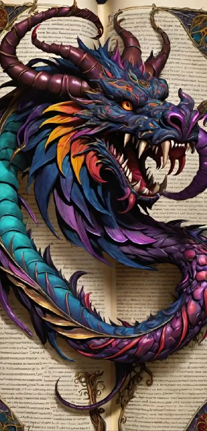 Vibrant dragon wrapping around an open ancient book.