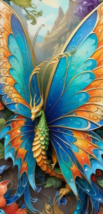 Vibrant dragon-like butterfly with colorful wings.