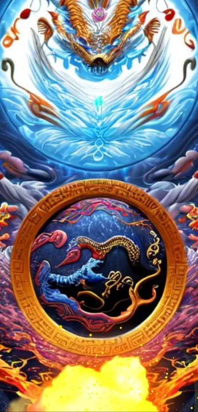 Colorful artwork featuring dragons with a vibrant circular design.