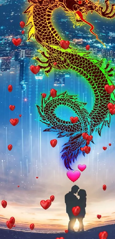 Romantic cityscape with a vibrant dragon hovering above a couple.