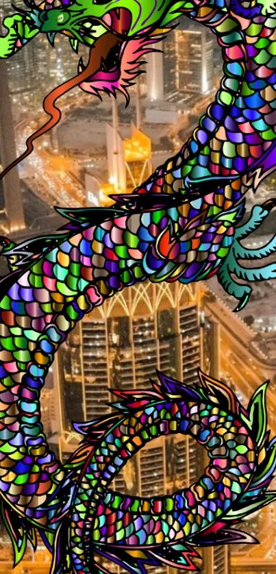 Colorful dragon over cityscape wallpaper with vibrant scales.