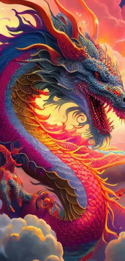 Vibrant dragon soaring amidst colorful clouds and sunset hues.