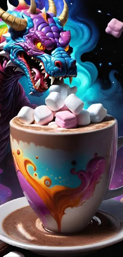 Colorful dragon with coffee and marshmallows wallpaper.