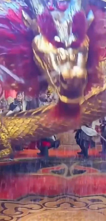 Golden dragon in dynamic motion with vibrant festival colors.