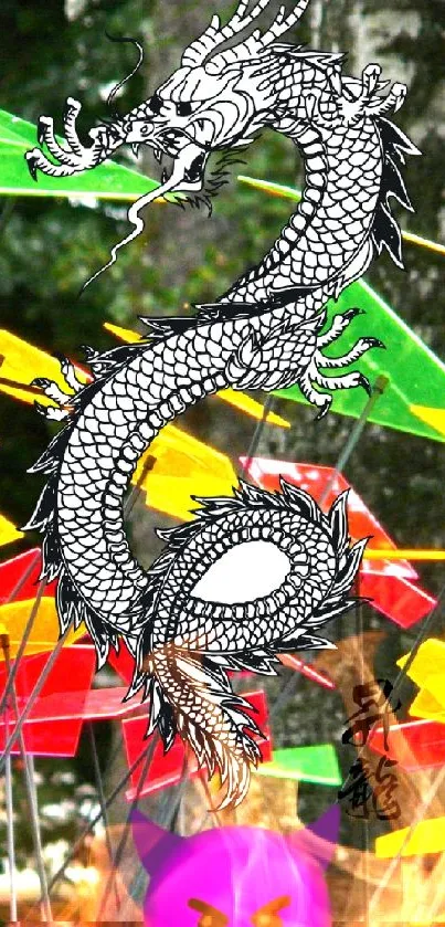 Bright dragon art on colorful geometric panels.
