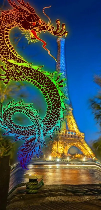 Vibrant dragon against Eiffel Tower night view in Paris.