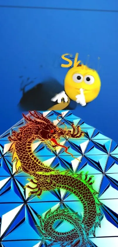 Blue geometric wallpaper with vibrant dragon and fun emoji.