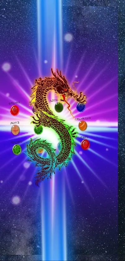 Vibrant dragon on cosmic background with blue energy beam