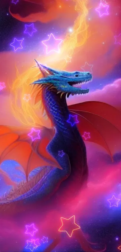 Vibrant dragon in cosmic clouds with surreal colors on phone wallpaper.