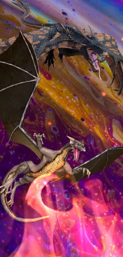 Two dragons soar in a colorful cosmic background.