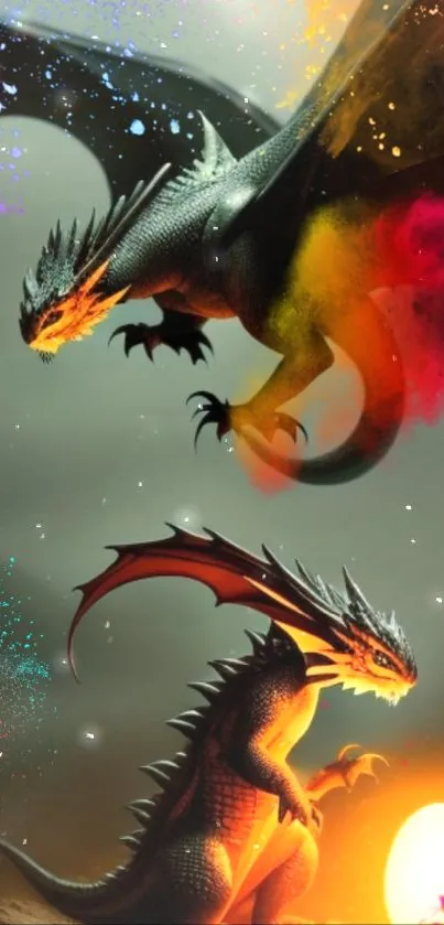 Two colorful dragons in vibrant fantasy art wallpaper.