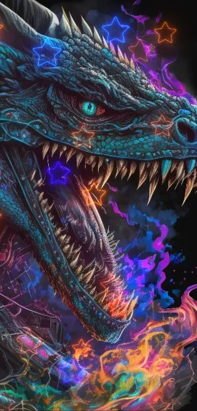 Neon blue dragon with vibrant stars in fantasy wallpaper.