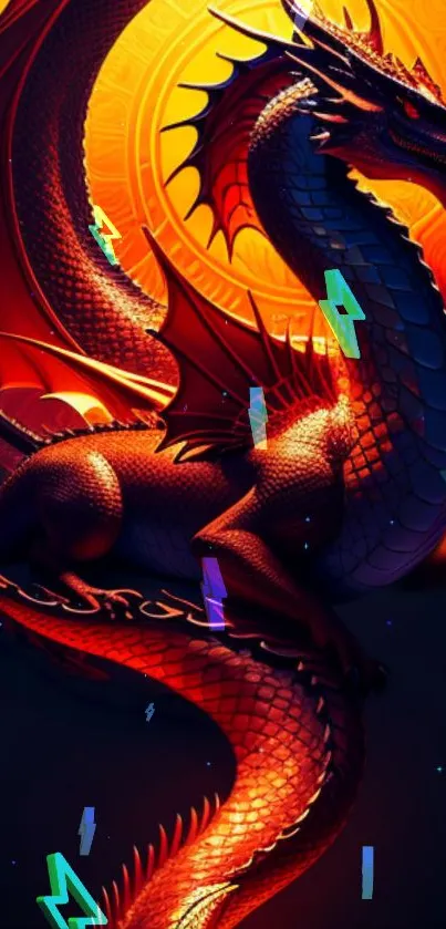 Vibrant fantasy dragon in fiery red hues on a mobile wallpaper.