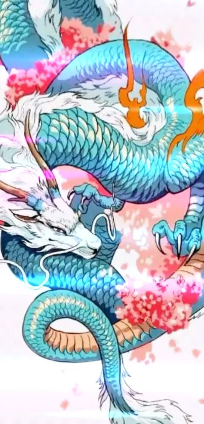 Blue dragon with fiery details and pink blossoms in a fantasy art style.