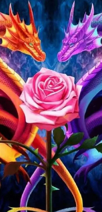 Vibrant dragons and pink rose art wallpaper.