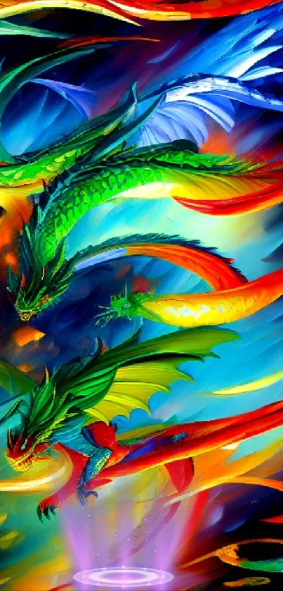 Vibrant fantasy wallpaper with colorful dragons soaring in a dynamic sky.