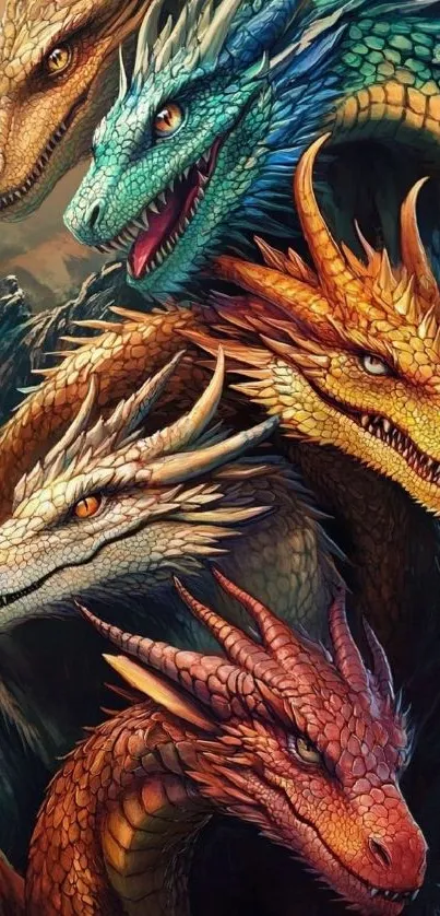 Five colorful dragons in a fantasy artwork for mobile wallpaper.