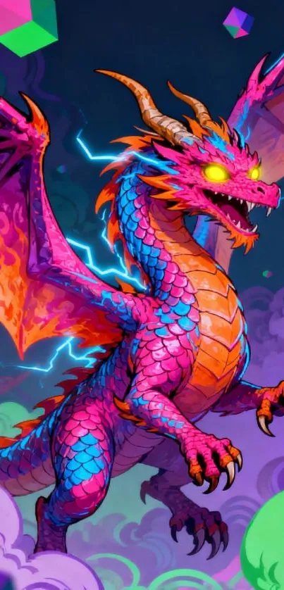 Vibrant neon dragon in fantasy realm with purple hues.
