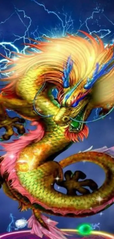 Colorful dragon with lightning background in fantasy art.