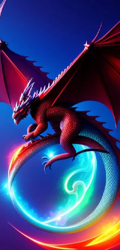 Fantasy dragon in vibrant colors with mystical background for mobile wallpaper.