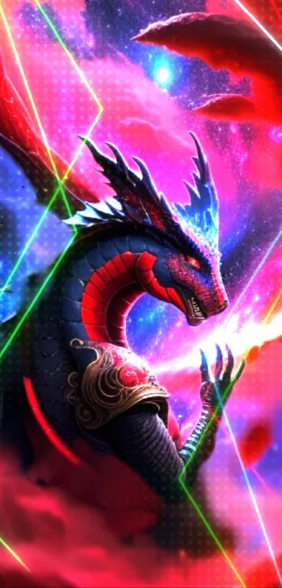 Vibrant fantasy dragon breathing fire with neon colors, perfect for mobile wallpaper.